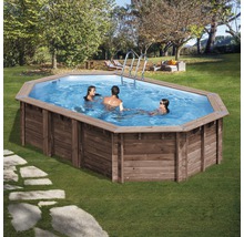 Aufstellpool Holzpool-Set Gre oval 632x335x130 cm inkl. Sandfilteranlage, Skimmer, Leiter, Filtersand & Bodenschutzvlies Holz