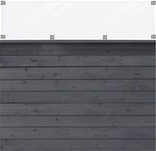 Klarglas Windschutzscheibe mit Halterung vor einer Holzwand