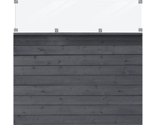 Klarglas Windschutzscheibe mit Halterung vor einer Holzwand