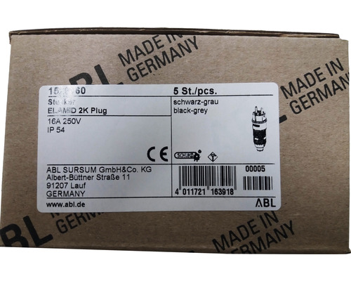 Verpackungseinheit mit fünf ABL Sursum Elamid 2K Stecker 16 Ampere 250 Volt IP 54
