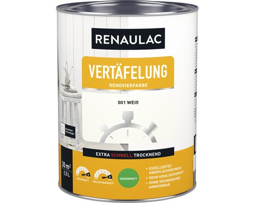 RENAULAC Vertäfelung Holzlack seidenmatt weiß 2,5 L Renaulac Vertäfelung Renovierfarbe 001 Weiß Dose