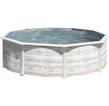 Aufstellpool mit Holzverkleidung und Wasserfüllung