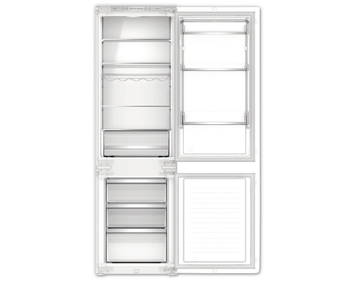 Geöffneter Kühlschrank mit Regalen und Gefrierschubladen