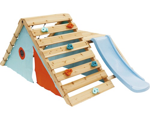 Kinderspielhaus mit Kletterwand und Rutsche aus Holz