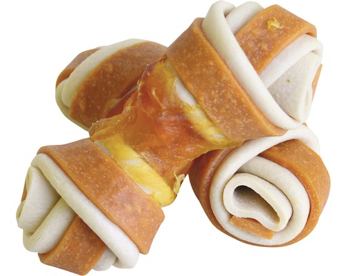 Geknoteter Hundekauartikel aus Rohhaut und Fleisch