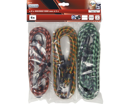 Sechs Gepäckspanner mit Haken, Durchmesser acht Millimeter, Längen 600, 800 und 1000 Millimeter