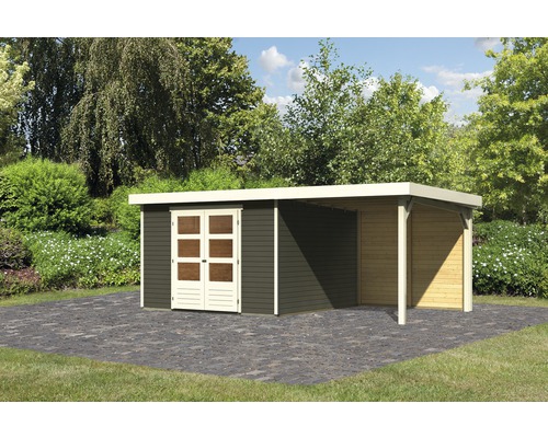 Gartenhaus Karibu Kodiak 6 inkl. Anbau 2,4 m, Rückwand 556 x 333 cm terragrau