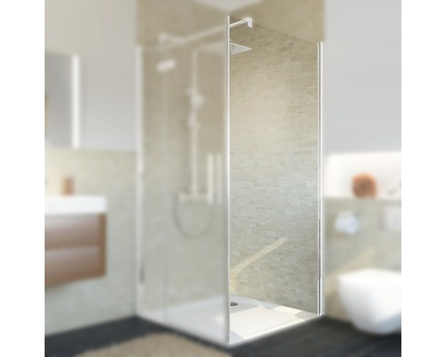 Seitenwand für Drehtür Breuer Avanta 90 cm Dekor Terrazzo Weiß Profilfarbe chrom Duschabtrennung aus Glas im Badezimmer.