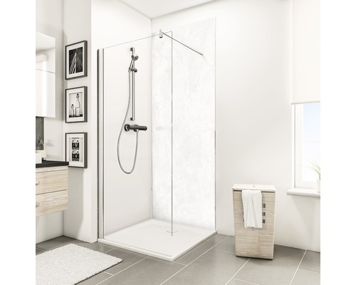 Modernes Badezimmer mit Duschkabine, Waschbecken und Wäschekorb