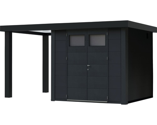 Gartengerätehaus mit Vordach für zusätzlichen Stauraum im Außenbereich.