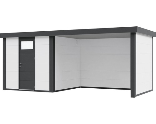 Modernes Gartenhaus mit Tür und offenem Anbau