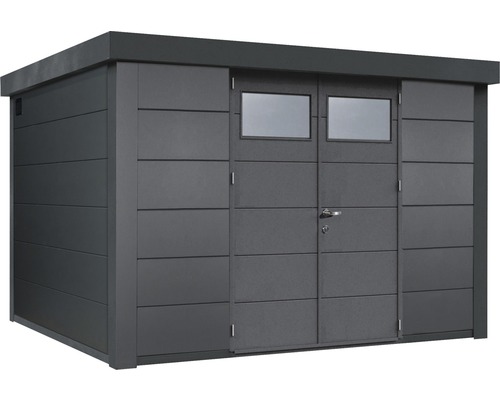 Geräumiger Geräteschuppen aus Metall mit Tür und Fenstern