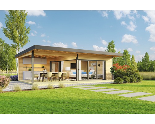 Gartenhaus Domeo 10 inkl. Fußboden, Terrasse 890 x 590 cm natur Modernes Gartenhaus mit Terrasse, Gartenmöbeln und Küche im Freien in einem Garten.