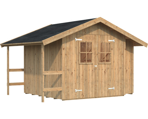 Holzgartenhaus mit überdachter Veranda und zwei Fenstern