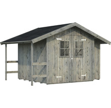 Graues Gartenhaus aus Holz mit Dach und zwei Fenstern