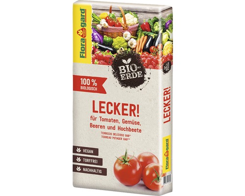 Flora Gard Bio-Erde für Tomaten, Gemüse, Beeren und Hochbeete in der Verpackung