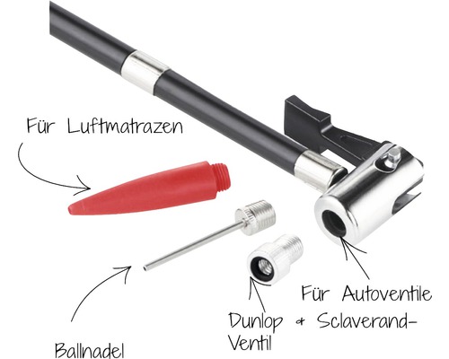 Fahrradpumpe mit Adaptern für Luftmatratzen, Autoventile sowie Dunlop- und Sclaverand-Ventile.
