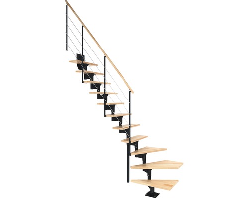 Pertura Mittelholmtreppe Hera Anthrazit 1/4 gewendelt unten links/rechts 73,5 cm Relinggeländer Buche Leimholz Lackiert 11 Stufen / 12 Steigungen Spindeltreppe mit Holzstufen und Stahlgeländer
