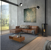 Wohnzimmer mit Ledersofa, Kaminofen und Holztisch