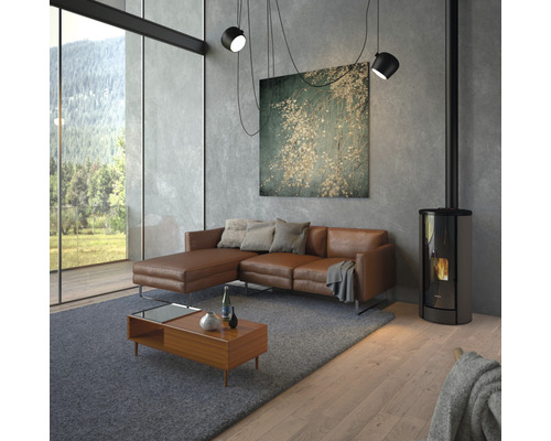 Wohnzimmer mit Ledersofa, Kaminofen und Holztisch