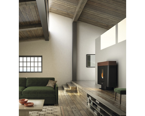 Wohnraum mit Pelletkaminofen, Sofa und Holzbalkendecke für eine gemütliche Atmosphäre.