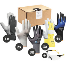 Sortiment an Arbeitshandschuhen und Schutzbrille in einer Box