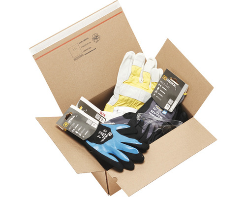 Verschiedene Arbeitshandschuhe in einem Karton.