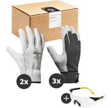 Set mit zwei Paar Gartenhandschuhen, drei Paar Montagehandschuhen und einer Schutzbrille