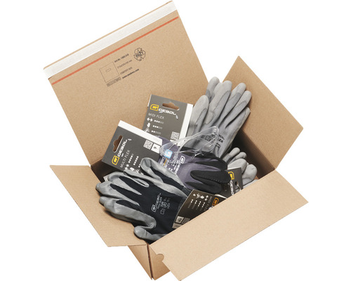 Offener Karton mit Gebol Schutzhandschuhen und Schutzbrille