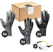 Arbeitshandschuhe im Set mit Schutzbrille und Kartonverpackung