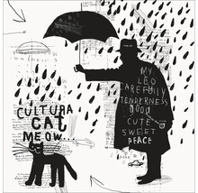 Illustration einer Person mit Regenschirm im Regen neben einer Katze