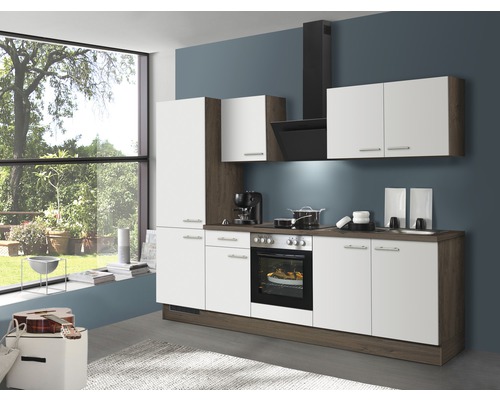IMPULS Küchenzeile mit Geräten PESCE 270 cm Frontfarbe weiß matt Korpusfarbe oregon-eiche montiert Variante links