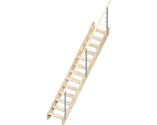 Pertura Wangentreppe Danae Eiche ohne setzstufen Unbehandelt gerade 70 cm 13 Stufen / 14 Steigungen Relinggeländer Holztreppe mit Edelstahlgeländer