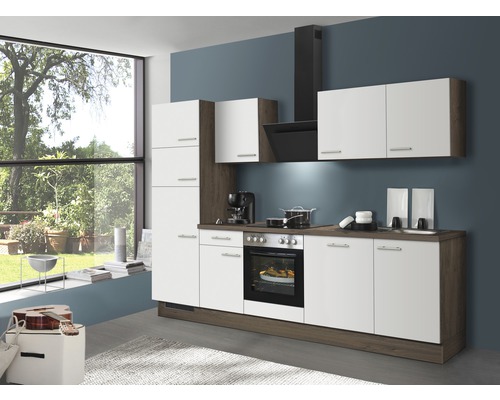 IMPULS Küchenzeile mit Geräten PESCE 280 cm Frontfarbe weiß matt Korpusfarbe oregon-eiche montiert Variante links