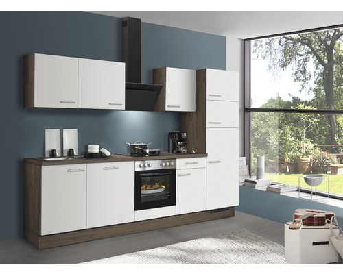 PICCANTE Küchenzeile mit Geräten PESCE 280 cm Frontfarbe weiß matt Korpusfarbe oregon-eiche montiert