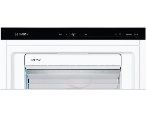 Detailansicht des Innenraums eines Gefrierschranks mit No Frost Funktion und elektronischer Steuerung. Bosch Logo.
