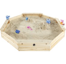 Holzsandkasten mit Bänken und Spielzeug