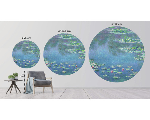 Wanddekoration mit Seerosenmotiv in drei Größen: 95 cm, 142,5 cm und 190 cm Durchmesser.
