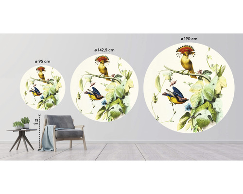 Verschiedene Größen eines runden Wandbildes mit Vogelmotiv in einer Raumdarstellung