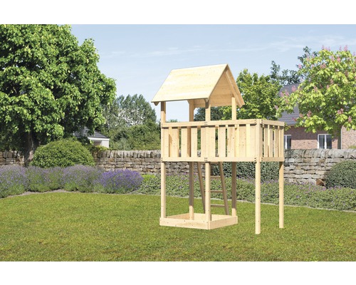 Karibu Kinderspielturm "Lotti" Satteldach SET aus nordischer Fichte, naturbelassen mit Anbau Karibu Kinderspielturm "Lotti" Satteldach SET aus nordischer Fichte, naturbelassen mit Anbau