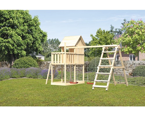 Karibu Kinderspielhaus Frieda Fichte inkl. Schaukelanbau Doppel Holzspielturm mit Schaukel und Klettergerüst im Garten