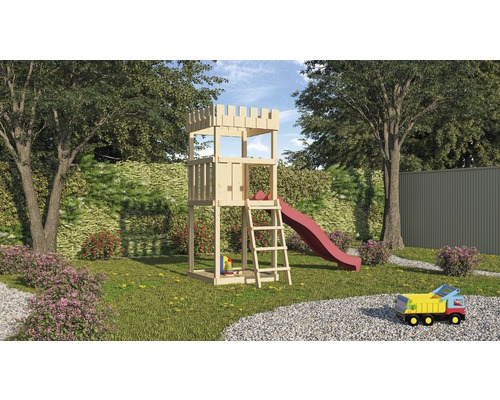 Karibu Spielturm "Ritterburg Löwenherz" SET aus nordischer Fichte, naturbelassen mit Rutsche rot Karibu Spielturm "Ritterburg Löwenherz" SET aus nordischer Fichte, naturbelassen mit Rutsche rot