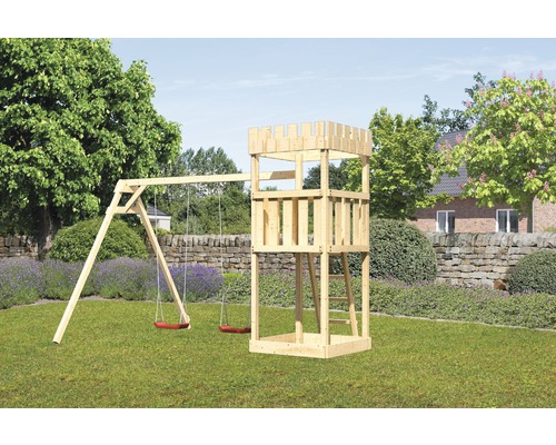 Karibu Spielturm Ritterburg Löwenherz Fichte inkl. Doppelschaukelanbau Holzspielturm mit Schaukel im Garten