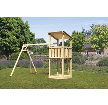 Karibu Spielturm "Pultdach Anna" SET aus nordischer Fichte, naturbelassen mit Doppelschaukelanbau