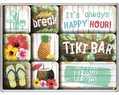 Dekoratives Wandbild mit verschiedenen Motiven zum Thema Tiki und Sommer