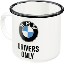 Emaille Tasse mit BMW Logo und dem Schriftzug ''Drivers Only''