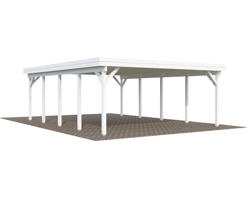 Doppelcarport Palmako Karl 40,6 m² 600 x 762 cm tauchgrundiert weiß Weißer Holzcarport mit Flachdach und mehreren Stützen