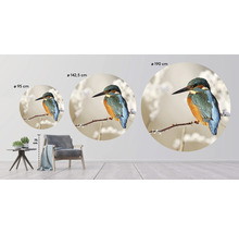 Drei runde Wandbilder mit einem Vogel auf einem Zweig in verschiedenen Größen in einem Wohnzimmer.