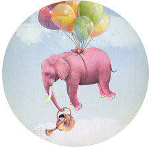 Dekoration mit einem pinken Elefanten, der mit Ballons und einer Gießkanne fliegt