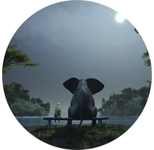 Illustration eines Elefanten und einer Katze, die auf einer Bank am See sitzen